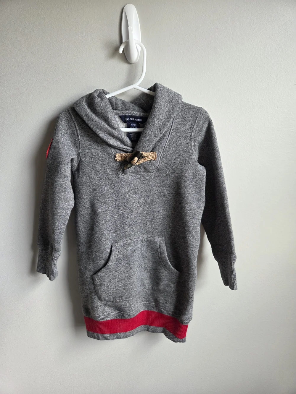 Ralph Lauren Gray Hooded Knit Sweater Dress with Red Trim